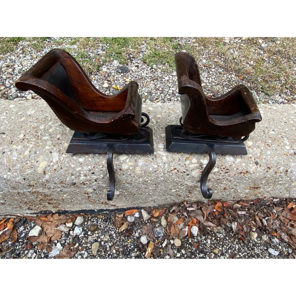Vintage Rustic Wooden Sleigh Christmas Stocking Holders Set of 2 Cast Metal Base